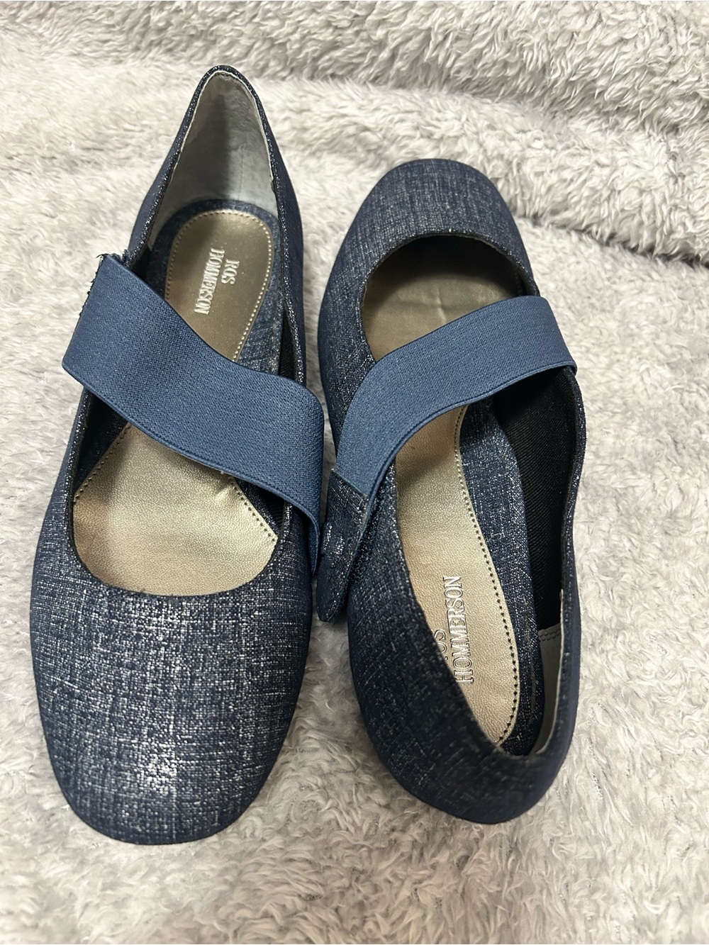 Ros Hommerson Denim-Texture Blue Mary Jane Flats with Elastic Strap